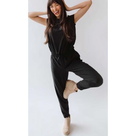 Albion Fit Everyday Jumpsuit •XL Petite•Black Ankle Zip Elastic Drawstring Waist - Picture 3 of 14